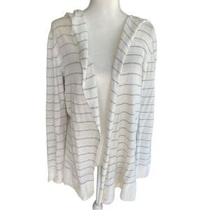 CYNTHIA ROWLEY White Striped 100% Linen Open Hooded Long Sleeve Cardigan Size M
